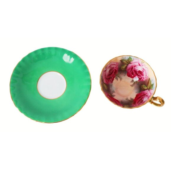 Aynsley Green & Gold Bone China Teacup & Saucer Set With Pink Cabbage Rose - Picture 6 of 10